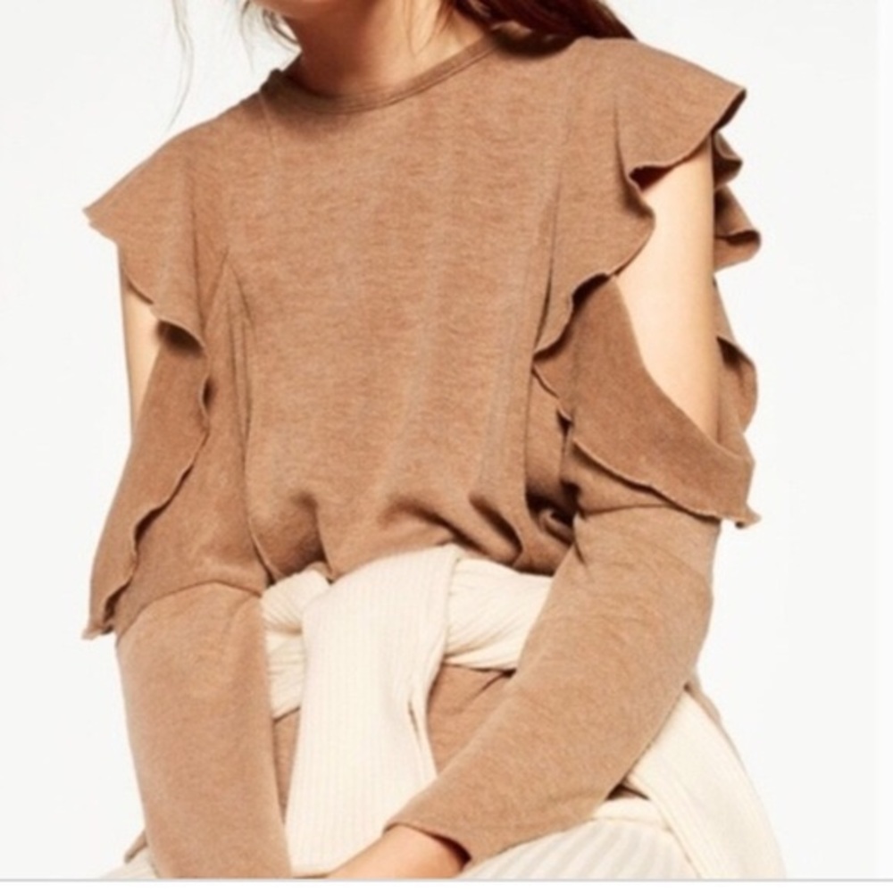 Zara Tan Long Sleeve Ruffle Cold Shoulder Sweater